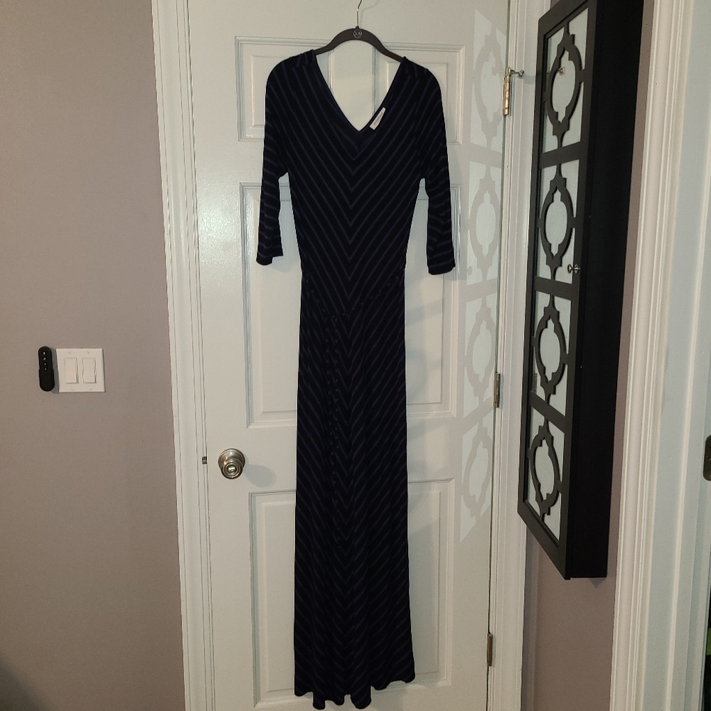🖤💜 Motherhood Maternity Maxi Dress Medium Black Purple Striped 3/4 Sleeve Tie